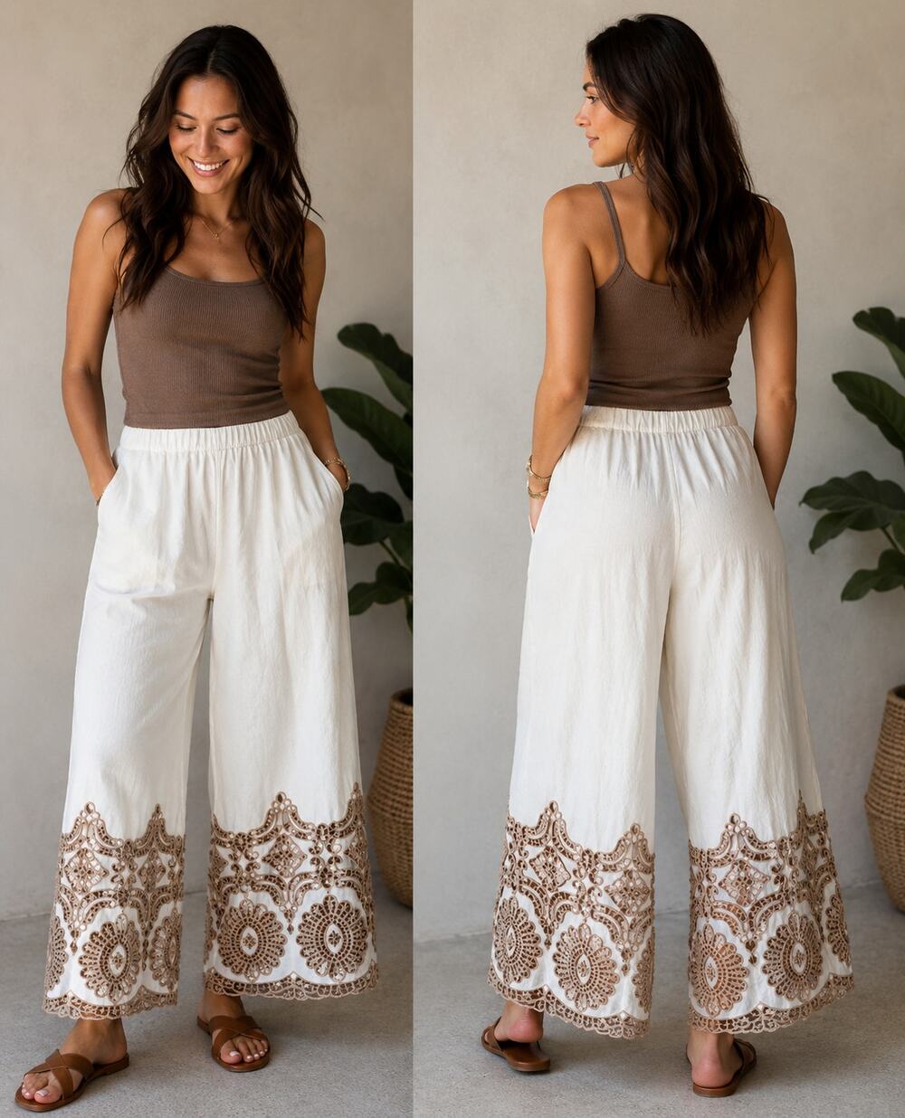 Insight Wide Leg Resort Pull On Eyelet Lace Pants Cream Size Medium